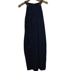 Ralph Lauren Embellished Neck Shift Ruffle Jersey Sheath Dress Navy Size 14 NWT